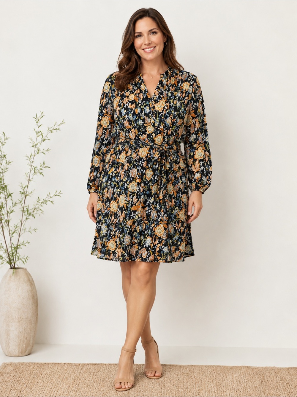 MSK Floral Tie Waist Long Sleeve Dress Size 16W Black Boho cottage pin tuck